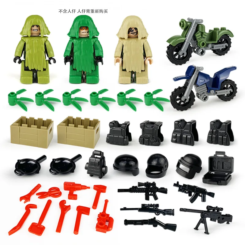 

Military SWAT PUBG Sniper Guns Ghillie Suits Camouflage Clothes Parts Army Soldier weapon motorcycle helmet Building Blocks Toy