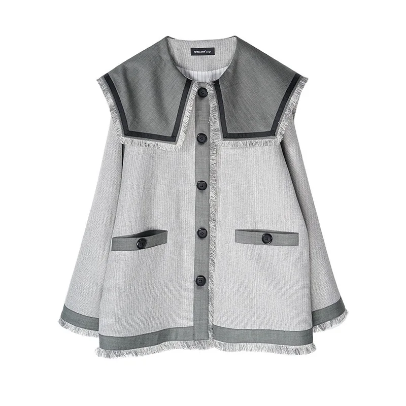 Autumn Original Design Gloria&Grace Gray Patchwork Big Collar Tassel Fashion INSTAGRAM Oversize Loose Coat Jacket Outerwear - Цвет: Серый