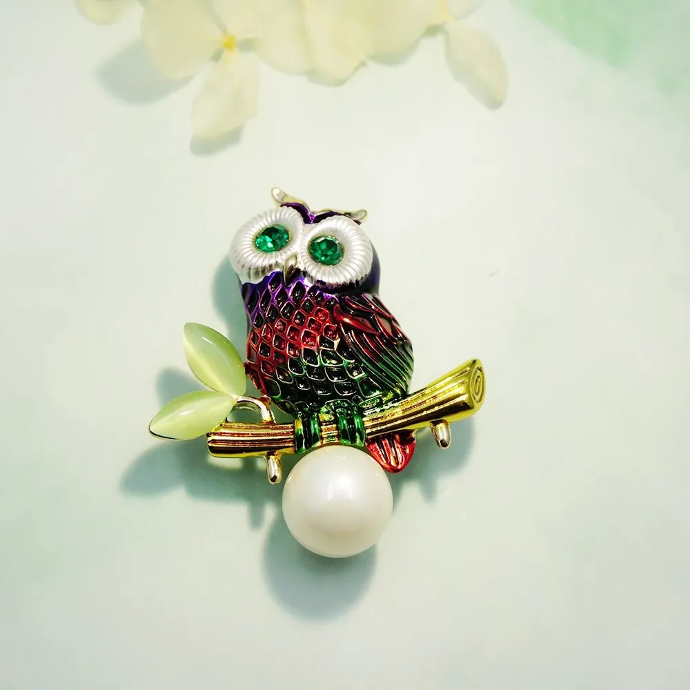 

Europe And America Fashion Elegant Oil Drop Enamel Pearl Owl Brooch Brooch Elegant Retro Animal Corsage Accessories