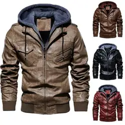 Мужская куртка, верхняя одежда, осень-зима, модная кожаная куртка с капюшоном, Байкерский стиль, искусственная кожа, плюс бархатное пальто