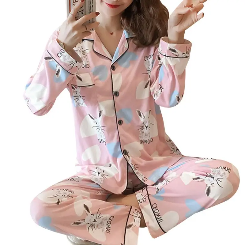 Женский пижамный комплект Kawaii С мультяшным принтом, пижама с длинным рукавом, на пуговицах, с круглым вырезом, свободные штаны, домашняя одежда, M-2XL, 19 видов стилей