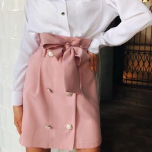 Women High Waist Bow Sashes Mini Short Skirts Office Ladies Elegant Solid Skirts New Fashion Autumn Button Women Skirts