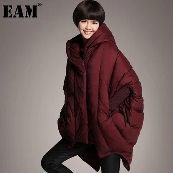 

[EAM] Loose Fit Wine Red Big Size Down Jacket New Long Batwing Sleeve Warm Women Parkas Fashion Tide Autumn Winter 2020 1DA050