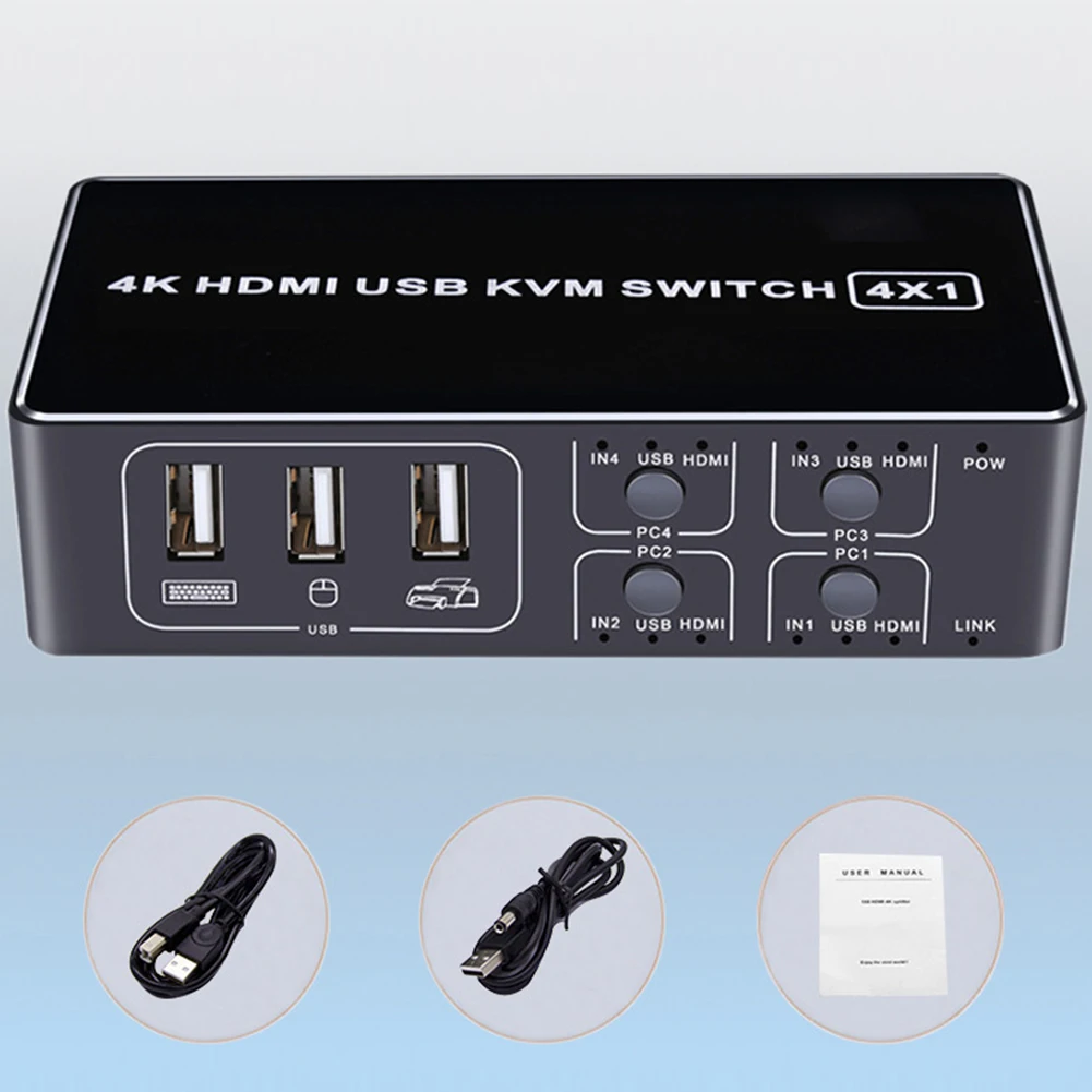 4K USB HDMI для мыши, клавиатуры KVM, переключатель, обмен 4 портами, Ultra HD, с индикатором, светильник, Стабильный компьютер, профессиональный сканер