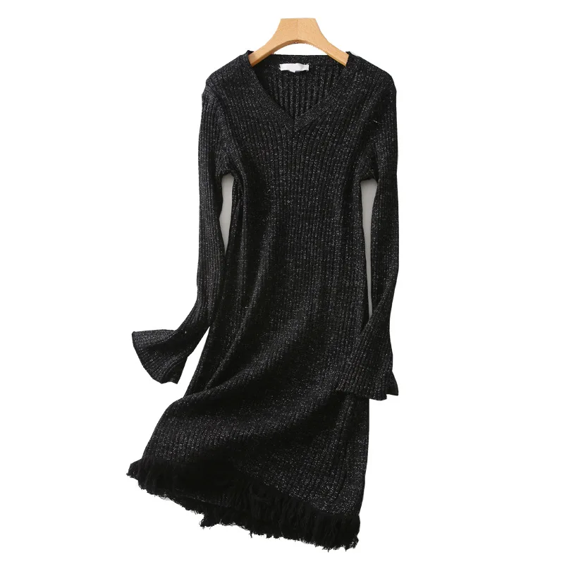 

One's 2019 WOMEN'S Dress Deep V-neck Sheath Liangsi Tassels Sweater Dress Slimming Entity