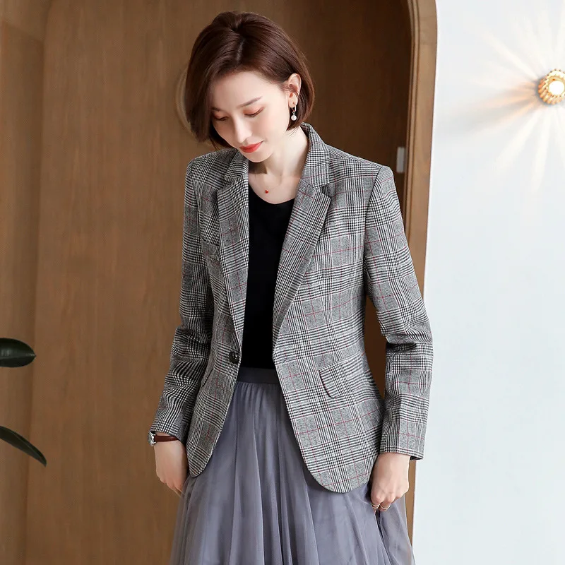 

2019 New Style Spring And Autumn Versatile Korean-style Slim Fit Plaid Small Suit Coat Women's Mid-length Leisure Suit Online Ce