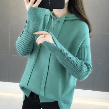 

solid knitted hooded women sweaters and pullovers loose fashion all match lady elegant pulls outwear coat tops