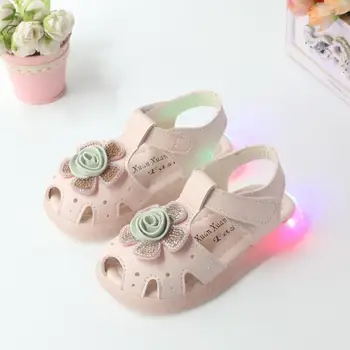 

Girl Led Sandals Toddler Baby Crystal Flower leather soft sole Sandals fashion Children Light Luminous Party Shoes Sandalia Pink