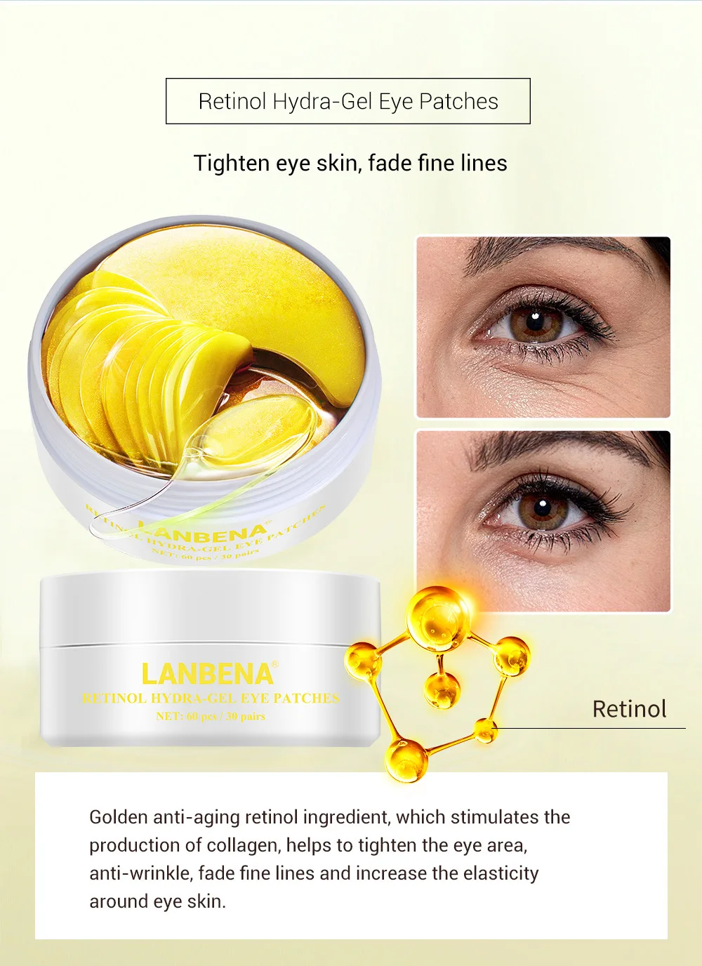 60pcs LANBENA Collagen Eye Mask Skin Firming Anti Fine Lines Puffiness Eye Patch Retinol Vitamin C Hyaluronic Acid Skin Care