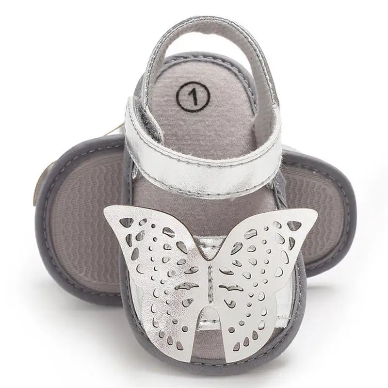 Детская обувь летние сандалии для девочек мягкая нескользящая подошва с большой бабочкой золотой серебряный светильник на липучке для новорожденных обувь для первых шагов