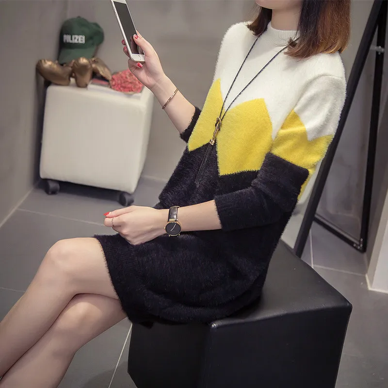 Color Matching Water Velvet Sweater Women Knitted Pullover New Autumn Winter Clothes Fashion Mid-Long Sweater Jumper Female Tops