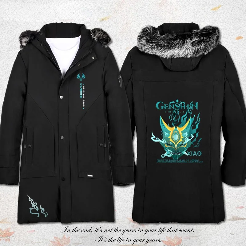 

Game Xiao Cosplay Women Men Winter Plus Velvet Fur Collar Zipper Thicken Polyester Mid-length Parka Jacket Coat