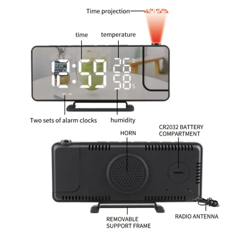 LED Digital Mirror Projection Alarm Clock Home FM Radio Thermometer Hygrometer USB Wake Up Watch 180° Projector Time Snooze Gift