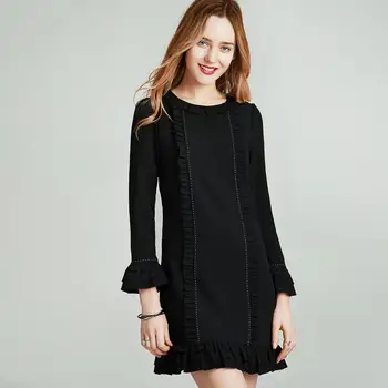 

HAVVA Women’s Bottoming Black Dress Back-Zipper Flare-Nine-Sleeve O-neck Dress Autumn Winter Streetwear Q4362