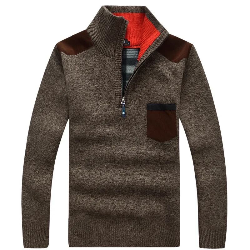 Nuevo invierno hombre Jersey de punto suéter hombre vellón de lana gruesa Casual Jersey Patchwork cálido bolsillo suéter Collar permanente