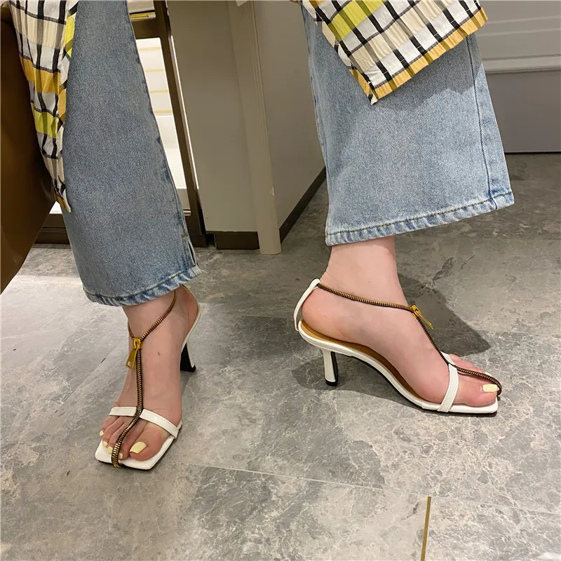 Boussac, sandalias de verano con cremallera de Metal y dedos separados,  Sandalias de tacón alto con punta cuadrada para mujer, zapatos de diseñador  de banda estrecha para mujer|Sandalias de mujer| - AliExpress