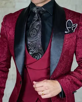 

Men Wedding Suits 2020 Burgundy Jacquard Smoking Jacket 3 Pieces Groom Tuxedos Black Lapel Men Suits Wedding Terno Masculino