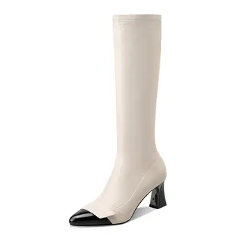 

Elegant genuine leather Slim Long Shoes Woman mixed colors High Heels Boots For Women Party Office Lady Knee High Boots