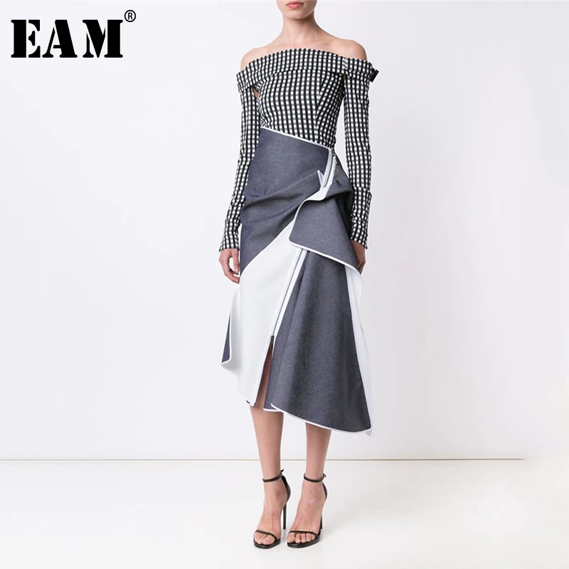 

[EAM] High Waist Contrast Color Spliced Pleated Asymmetric Half-body Skirt Blue Women Fashion Tide New Spring Autumn 2019 1A244