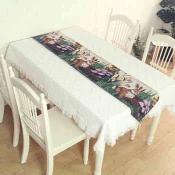 

Lovely Rabbit Easter Day Table Runners Jacquard Dining Tea Table Cloth Easter Decoration for Home Party Banquet with Taselss