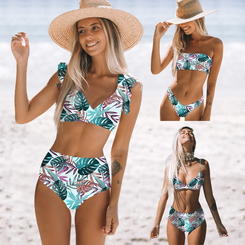 

New Sexy Women High Waist Swimsuit Ruffle Beachwear Solid Floral Print Bikini Set Tube Top Swimwear Brazilian Summer Biquinis