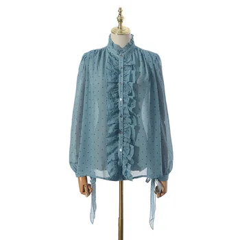 

2020 New Spring Summer Fall Blouse Shirt Women See Through Vintage Polka Dot Print Long Sleeve Chiffon Elegant Ruffle Design Top