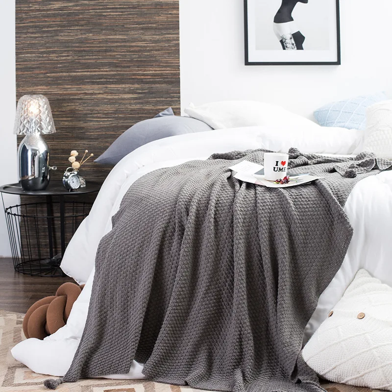

130x170cm Handle-Knitted Tassels Blanket Multi-functional Casual Blanket Cotton Office Nap Blanket Travel Cover Shawl Solid