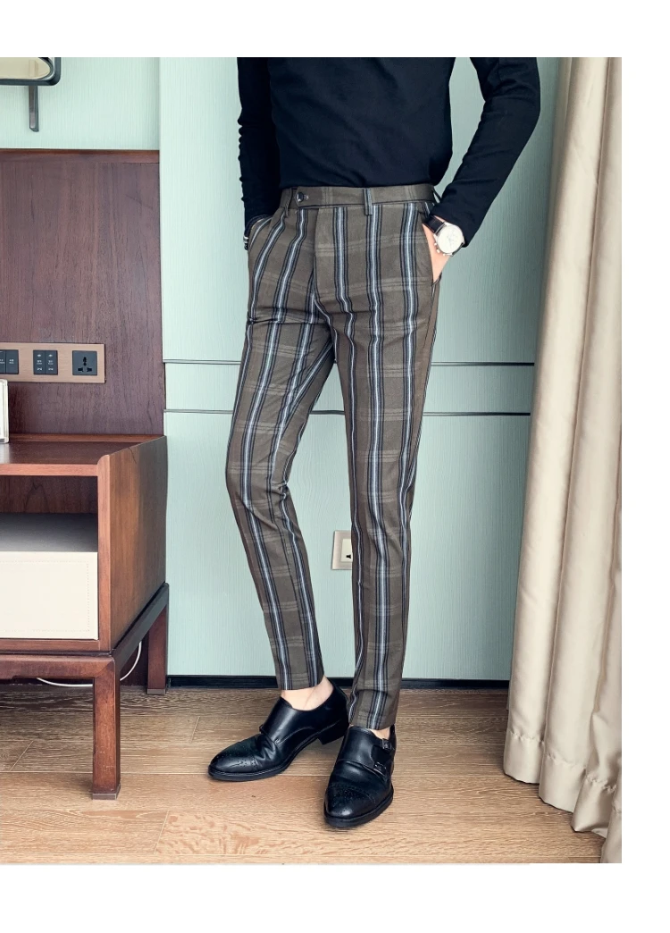 Черные, серые, зеленые клетчатые брюки для мужчин Slim Fit мужской костюм в полоску брюки Роскошные длиной до щиколотки Мужские модельные брюки формальные деловые P14