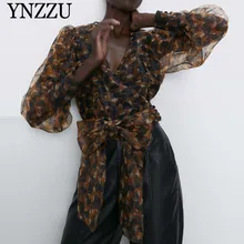 Женская блуза из органзы с принтом, Новое поступление, v-образный вырез с бантом, женская рубашка, сексуальная, рукав-фонарик, со складками, Свободный Топ, шикарный YNZZU YT725