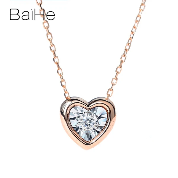BAIHE Solid 18K розовое Белое золото около 0.05ct H/SI круглый натуральный бриллиант женские трендовые ювелирные изделия с бриллиантами в форме сердца подарочные ожерелья