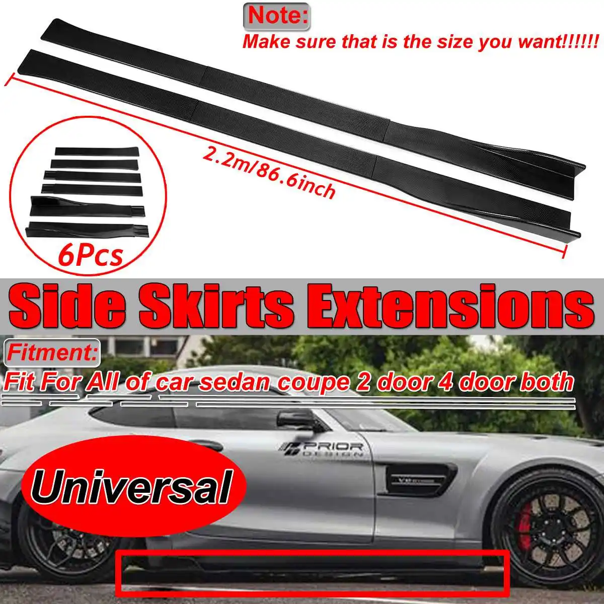 

6pcs 2.2m Carbon Fiber Look Universal Car Side Skirt Extensions Splitters Lip Side Skirt Winglet Lip