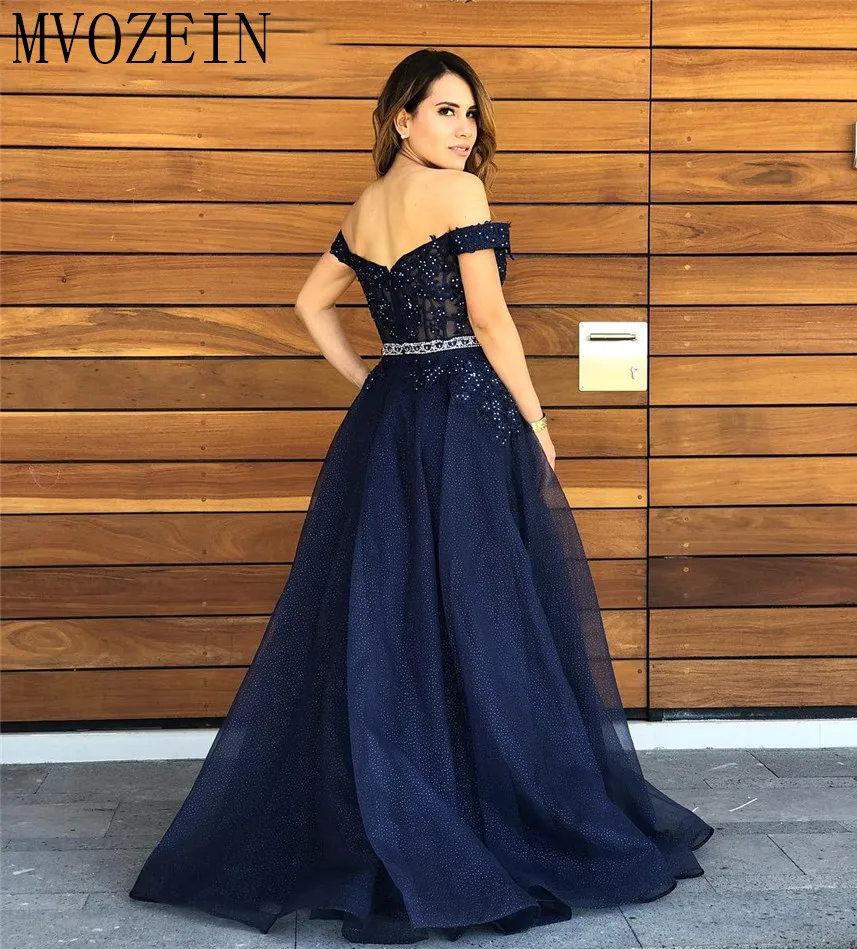 Vestidos темно-синее длинное вечернее платье с открытыми плечами, украшенное бисером, кружевное платье трапециевидной формы, очаровательные платья для выпускного вечера
