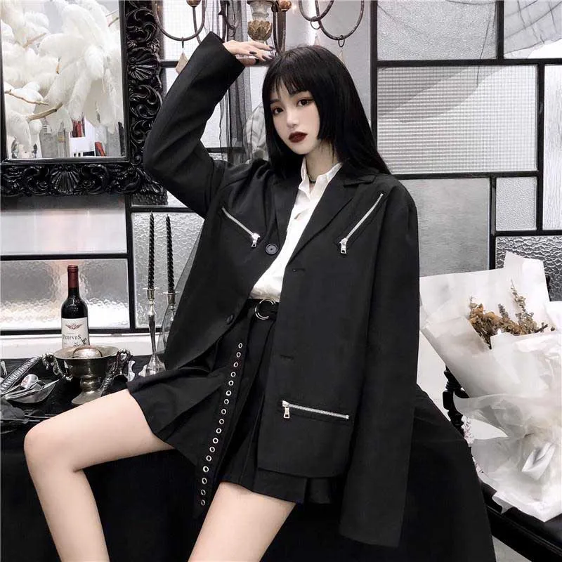 NiceMix Harajuku Готический Женский Повседневный костюм куртка осень длинный рукав однобортный на молнии дизайн черное пальто панк Рок верхняя одежда