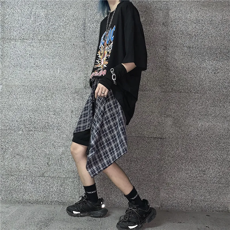 Южнокорейский Ins Harajuku BF уличный Хип-Хоп Ретро клетчатый подол многослойный вторичный чувство талии украшения брюки юбка тренд 50cs