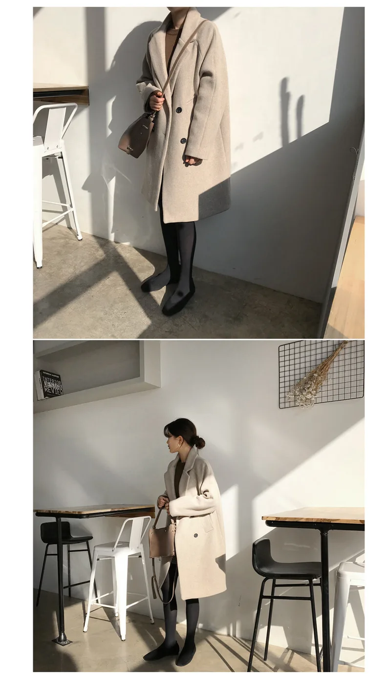 Blends Women Oversize Pockets Double Breasted Korean Style Simple Pure Color All-match Elegant Long Coats Womens Leisure Lovely