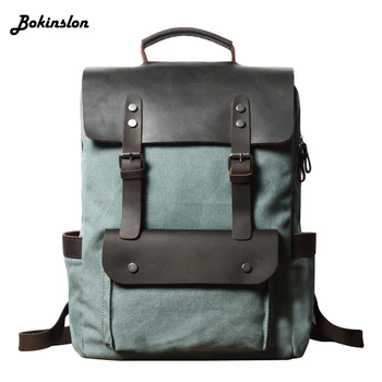 

Bokinslon Casual Student Backpack Male Drawstring Oil Wax Canvas Bag Diagonal Man Travel Backpack