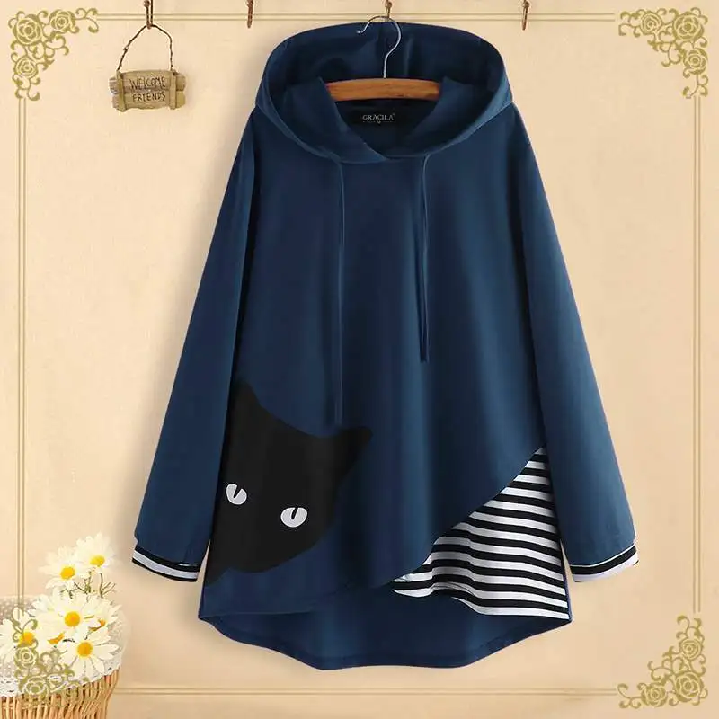  Autumn Long Sleeve Sweatshirts Women Cartoon Cat Striped Print Pullover Casual Vintage Hoodies Patc