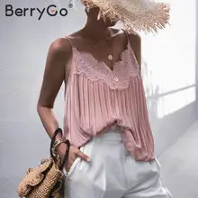 BerryGo Elegant lace embroidery pink tops women Sexy v-neck female camis tank top Summer spaghetti straps ladies tops shirt