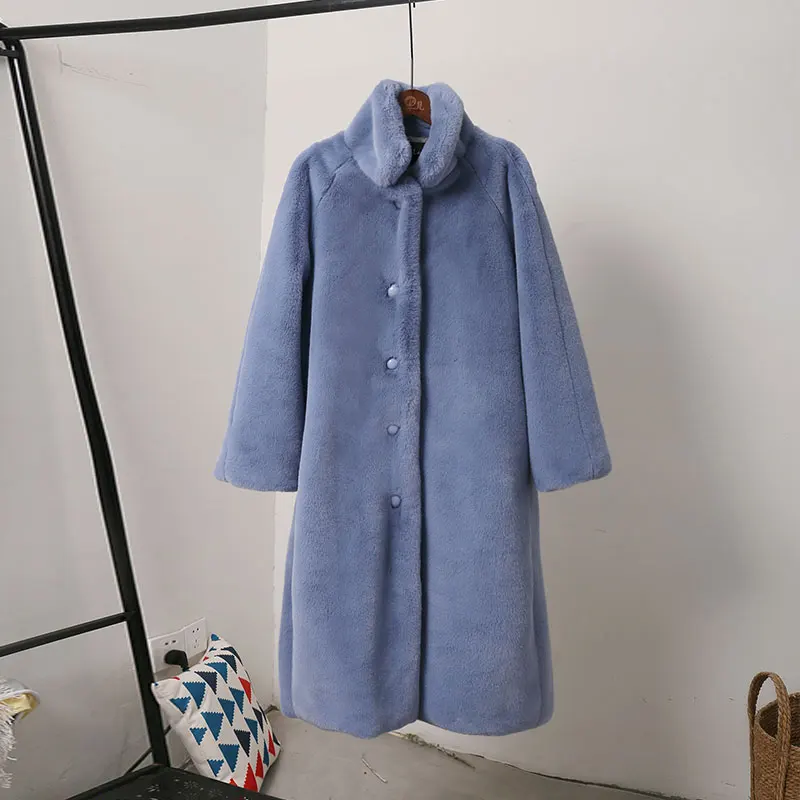 Пальто из искусственного кроличьего меха зимняя куртка длинная норковая шуба женское Свободное пальто роскошное утолщенное теплое женское плюшевое пальто большого размера - Цвет: blue