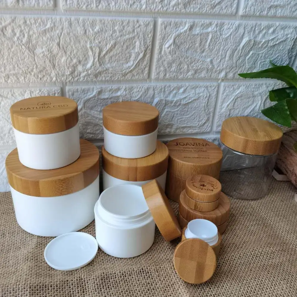 

Makeup Container10g 30g 50g 100g 150g White PP Plastic Jar with Bamboo Lid CBD Hemp Cream wood containers Cosmetic Packaging Con