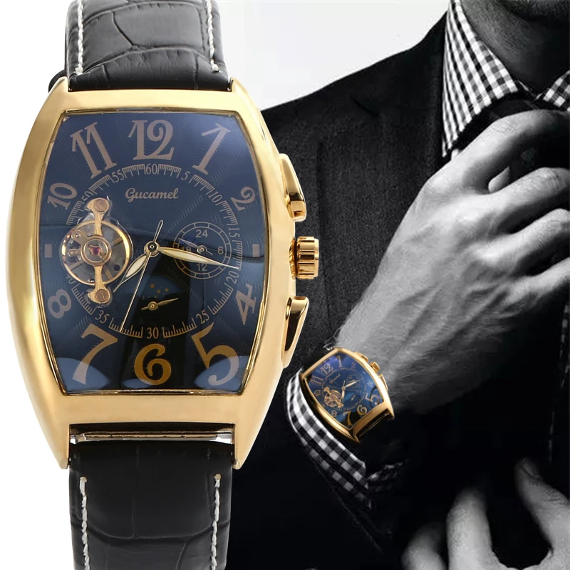 

2020 Latest Luxury Brand Punk European And American Style Leather Skeleton Tourbillon Men's Automatic Watch