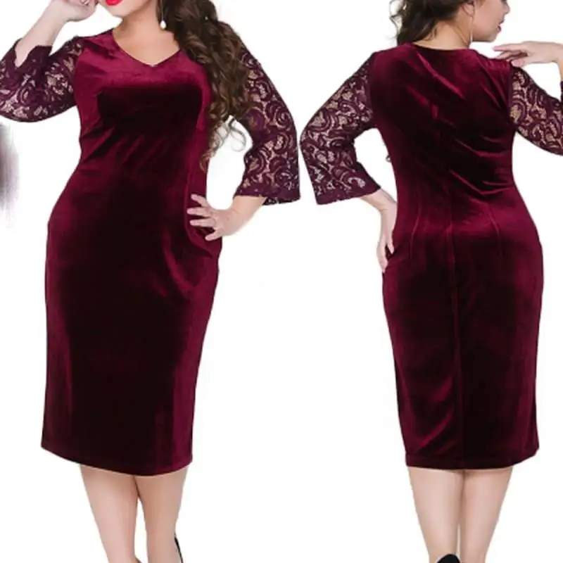 

2019 Warm Velvet Winter Dress Plus Size Women Patchwork Lace Dress Casual Female Christmas Party Dress Vestidos 5Xl 6Xl