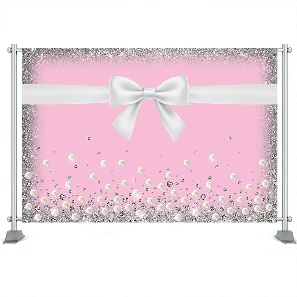 

Pink Gifts Birthday Party Backdrops Bow Silver White Dots Sprinkle Photography Background Diamond Girl Birthday Party Photograph