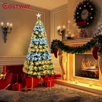 

7Ft Double-color Lights Fiber Optic Christmas Tree Pre-lit with LED Lights Festival Decrative Tree Sturdy Metal Stand