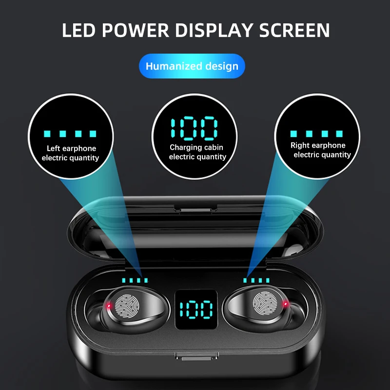EWA Bluetooth Earphones TWS Wireless Headphones 1200mah LED Power Display Touch Control Wireless Headset Gaming Earbuds F9 TWS