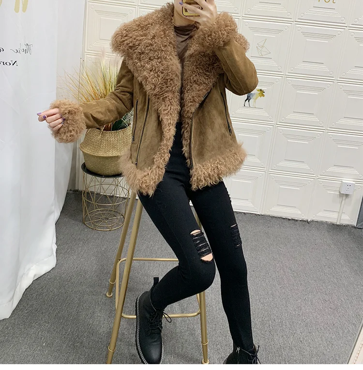 rf1923B Genuine Leather Suede Real Sheep Fur Coat Woman Fashion Winter Natural Fur Jacket for Ladies