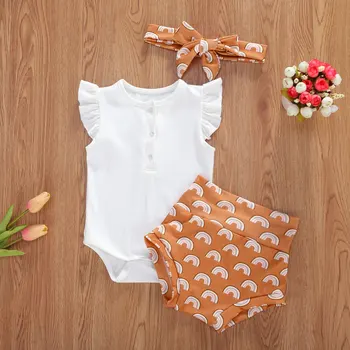

0-18M Newborn Infant 3pcs Clothes Baby Girls Boys Outfits Ruffles Sleeveless Knitted Romper Tops+Print Shorts+Headband