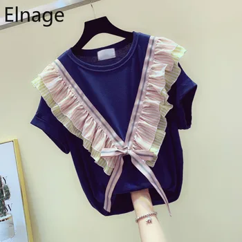 

Hot Sale 2020 Summer Women Clothing Korean Ruffled Lace Bow Tie Loose Tees Cotton Short Sleeve T-shirt Women Wholesale 5A962