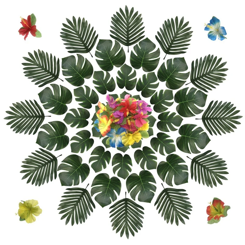 

96 Pcs Tropical Leaves Party Artificial Decorations Tropical Palm Monstera Leaves and Hibiscus Flowers for Hawaii Aloha Jungle S