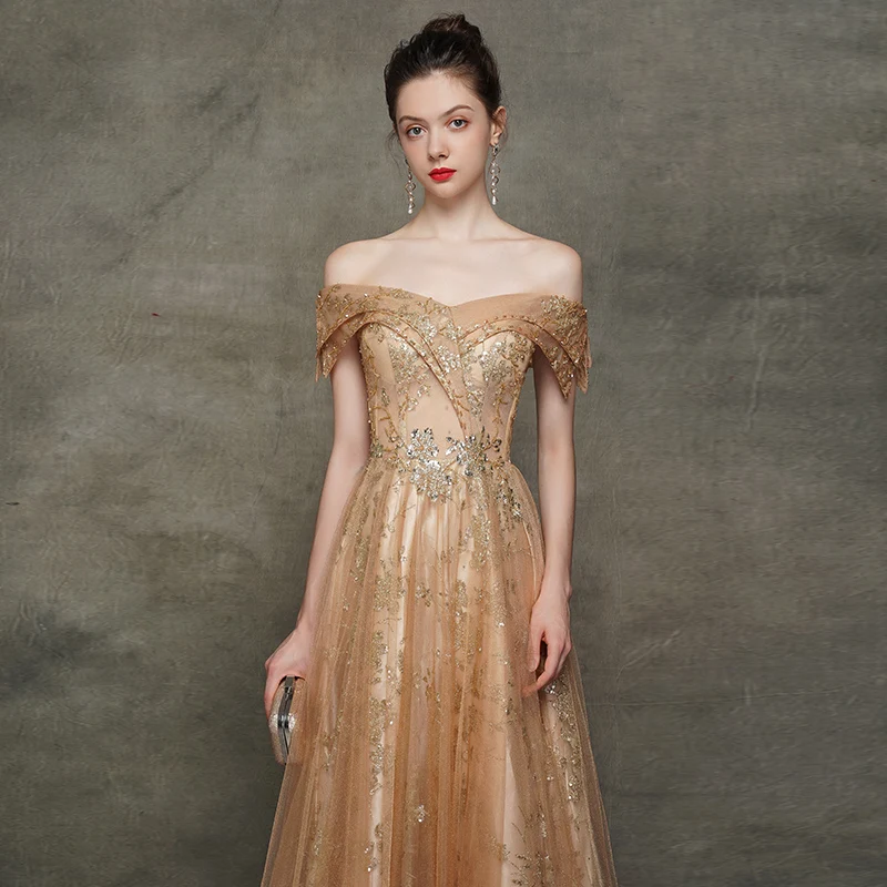 Vestido Formatura, золотое платье для выпускного вечера, длинное,, с открытыми плечами, Vestidos De Gala, вечерние платья с блестками, Robe De Soiree